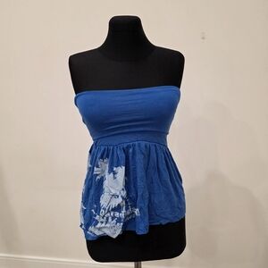 COLCCI , Blue tube  Strapless Peplum top with tropical beach print , XS